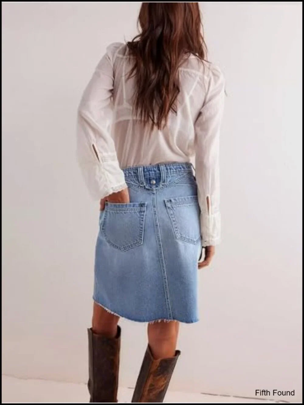 High Waist Stretchy Denim A-Line Skirt Knee Length with Pockets